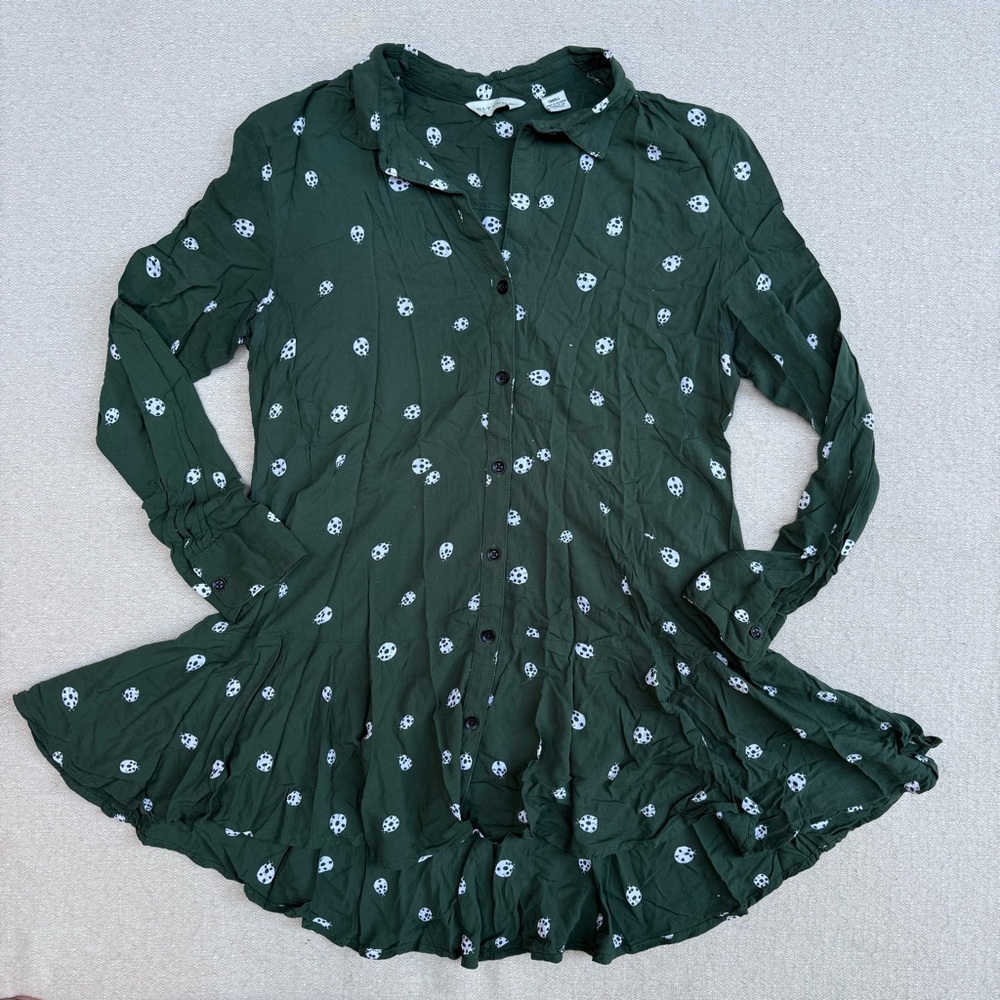 Anthropologie 11-1-Tylho Lakin Tunic Blouse Green Ladybug Insect Print Peplum S - Picture 2 of 8